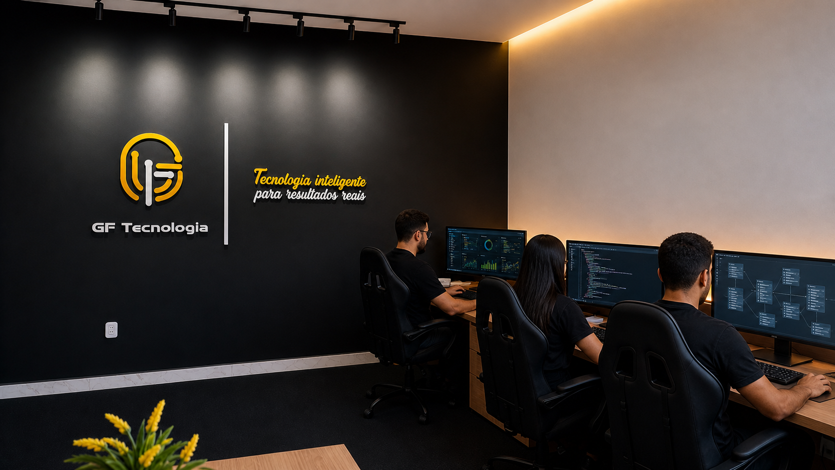 Equipe da GF Tecnologia trabalhando em dashboards e ambientes de TI